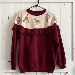 Vintage Gitano Red Aztec Fringe Collar BOHO Western Long Sleeve Sweater Size M
